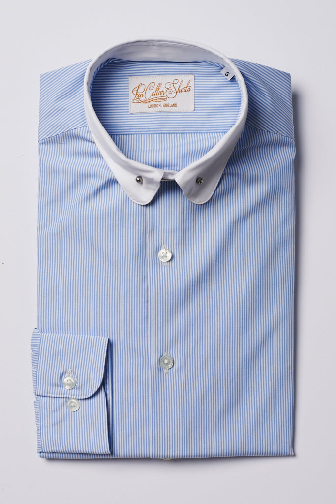 Mens Blue Striped Pin Collar Shirt White Collar