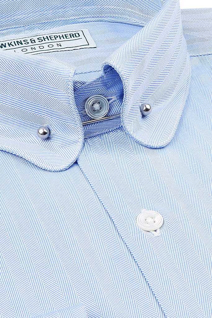 Blue Herringbone Pin Collar Shirt
