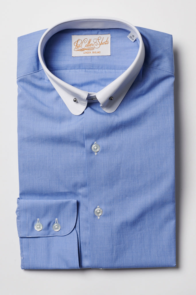 Mens Blue Pin Collar Shirt Penny White Collar