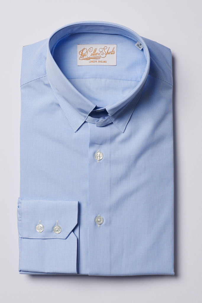 Mens Sky Blue Check Tab Collar Shirt Straight Collar