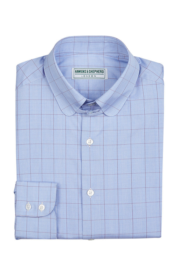 Men's Blue Purple Prince of Wales Check Formal Tab Collar Shirt