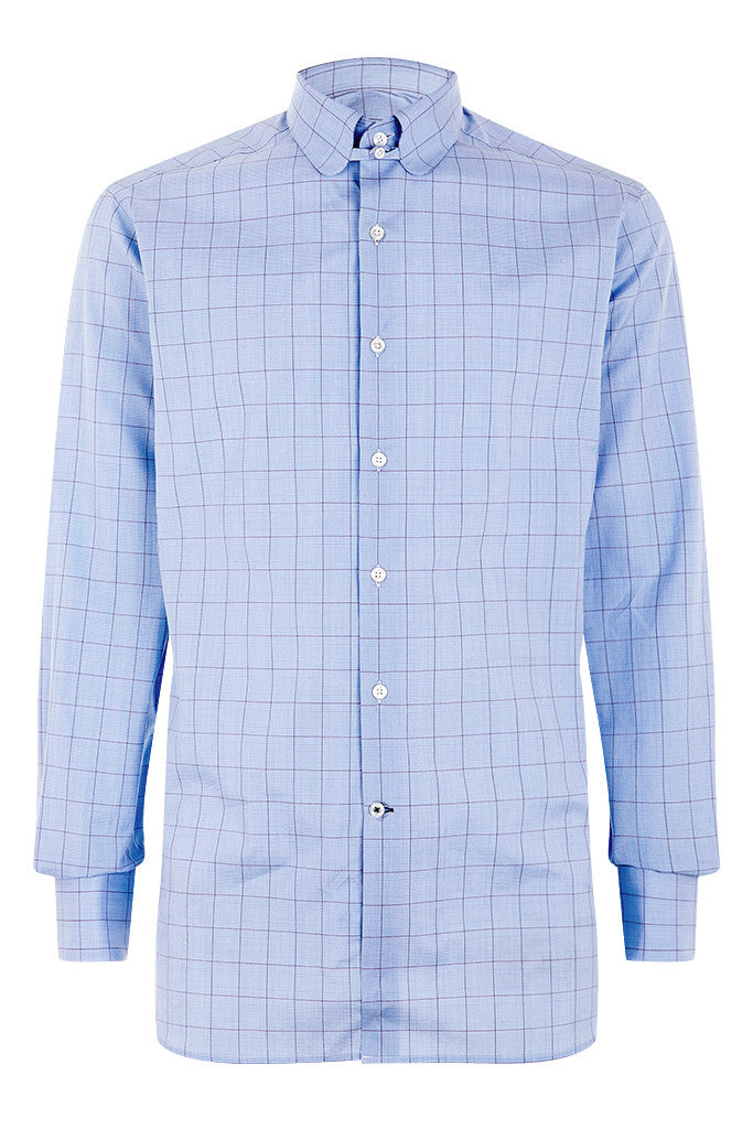 Men's Blue Purple Prince of Wales Check Formal Tab Collar Shirt