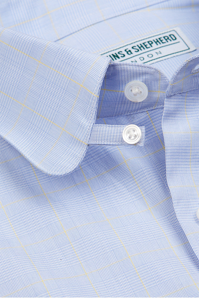 Men's Sky Blue Yellow Prince of Wales Check Formal Tab Collar Shirt
