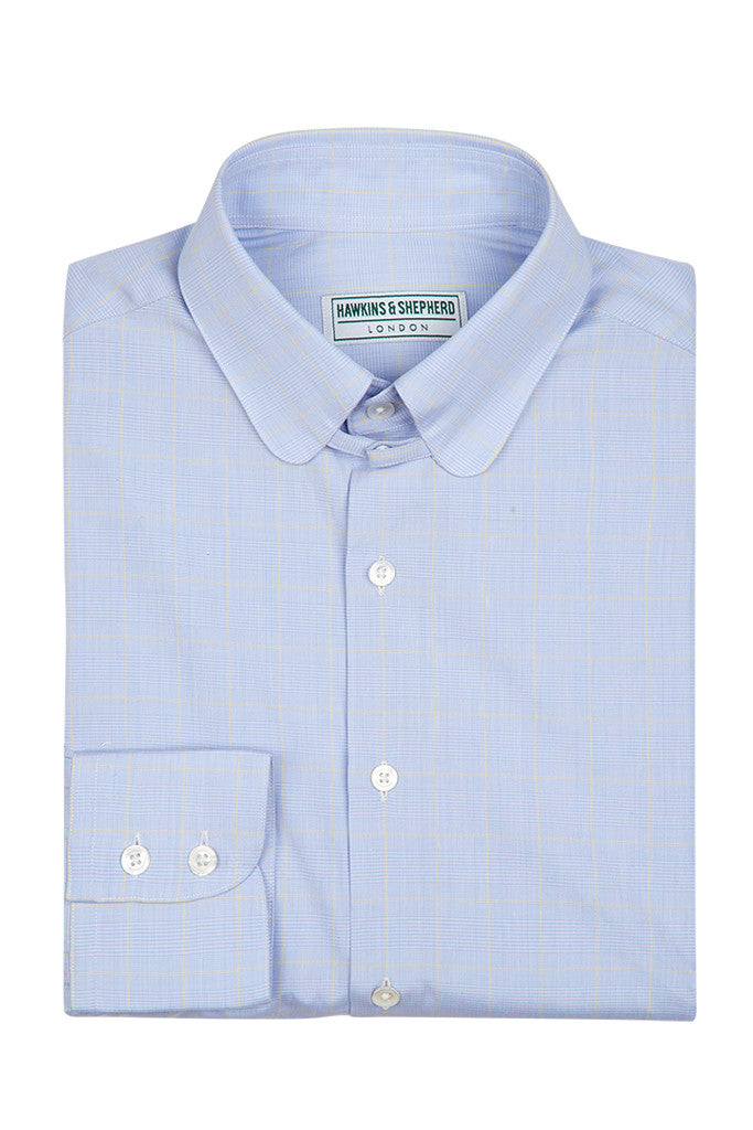 Men's Sky Blue Yellow Prince of Wales Check Formal Tab Collar Shirt