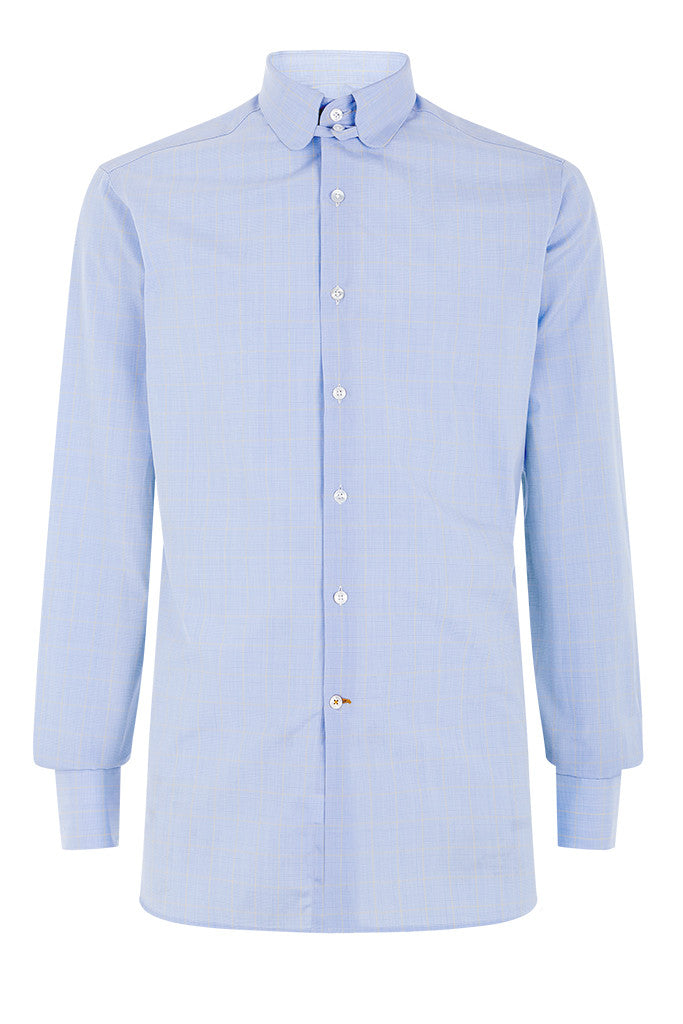 Men's Sky Blue Yellow Prince of Wales Check Formal Tab Collar Shirt