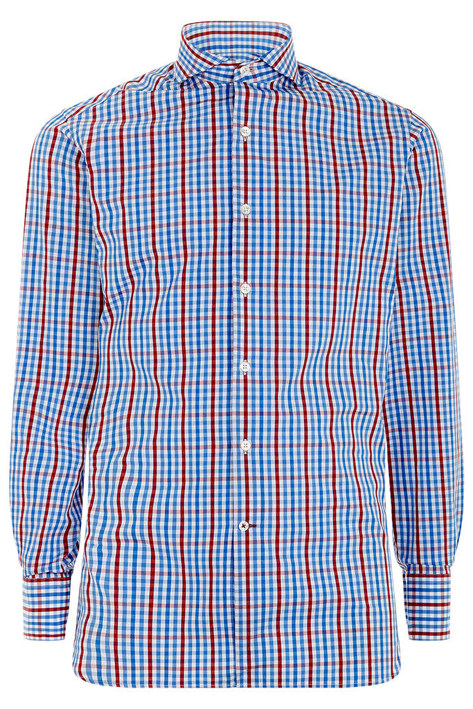 Men's Blue Red Gingham Check Formal Shirt