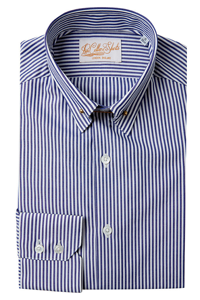 Mens Navy Blue Stripe Pin Collar Shirt